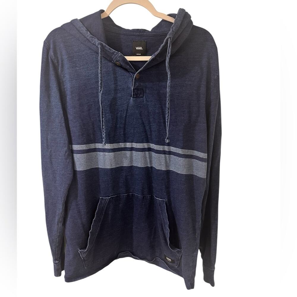 Vans Off The Wall Mens Kangaroo Hoodie Denim Blue Striped, size M